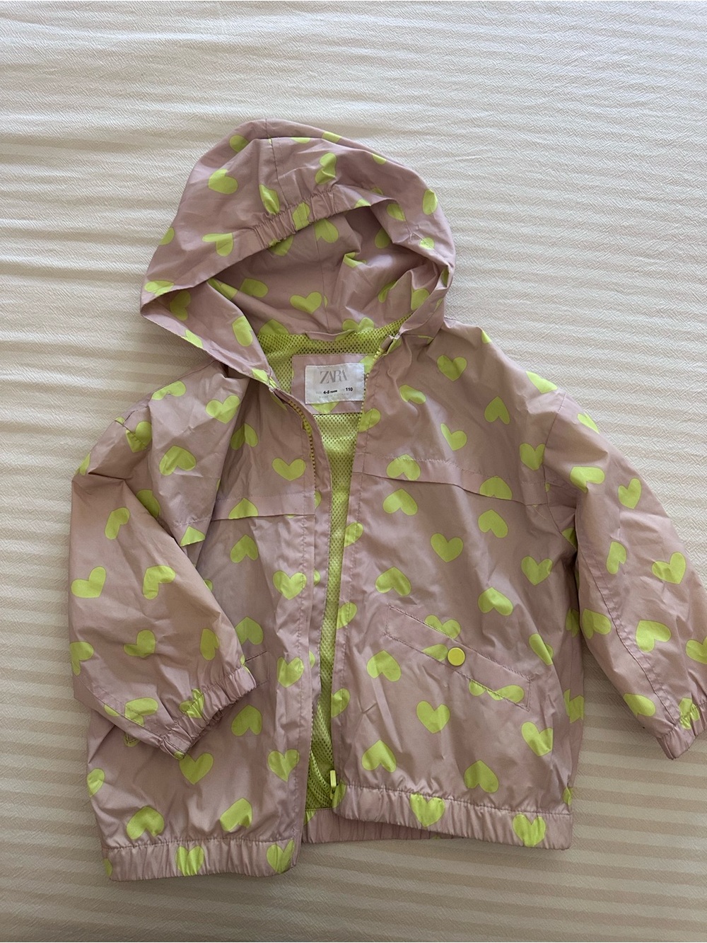 Zara Girls Light Pink Hooded Raincoat with Neon Yellow Hearts